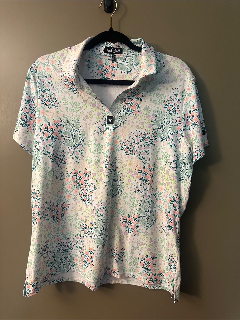 Bad Birdie White Floral Golf Polo with Pink, Green & Blue Accents